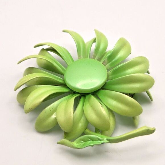 Vintage 1960s‎ Green Enamel Flower Power Brooch Mod Retro Pin 2.5" Metal - Picture 2 of 5